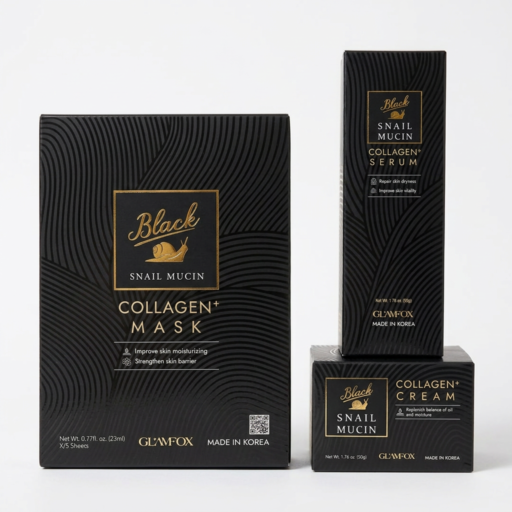 Glamfox Black Snail Mucin Collagen+ Set Skincare product photo at Sylvia Glow House, A coordinated collagen and snail mucin skincare routine., for Hydration & firming, Lightweight texture