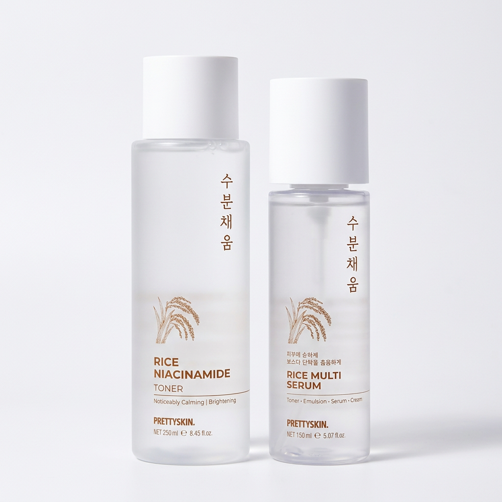 Prettyskin Rice Serum & Toner Duo Skincare product photo at Sylvia Glow House, A rice-powered brightening pair., for Brightening & tone, Toner & serum texture