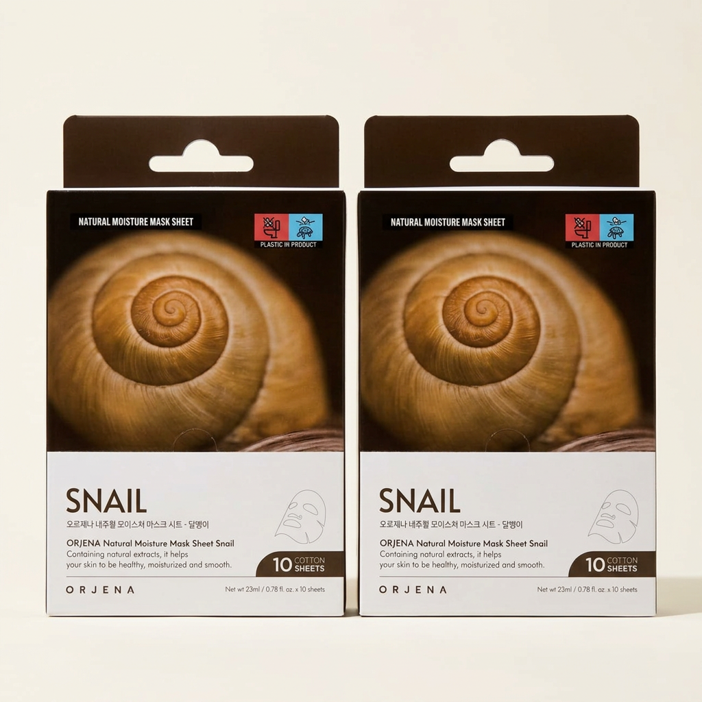 Orjena Natural Moisture Mask Sheet - Snail Skincare product photo at Sylvia Glow House, 10 cotton sheets, for Dryness